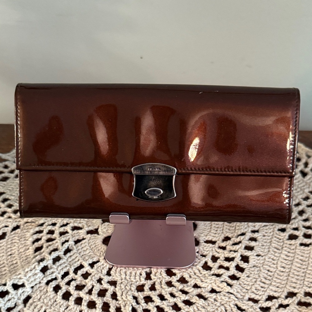 Prada Glossy Brown Leather Clutch